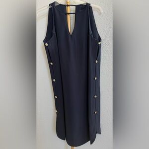 Sharagano Navy Blue Dress with diamond buttons going down both sides. Size 10.